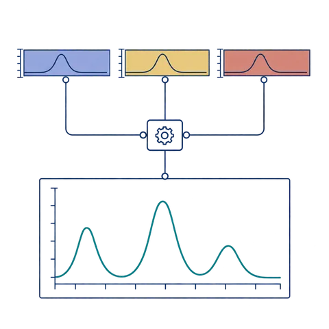 LuminAI concept drawing: three wavelength channels feed a rhythm trace on white paper.