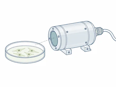 QSense concept drawing: a cylindrical photon detector faces a shallow dish of cultured cells.