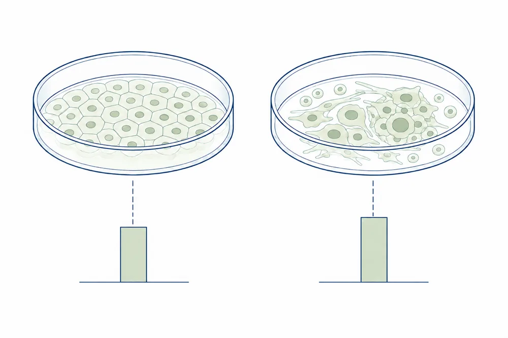 An orderly monolayer of non-cancer cells and a crowded irregular culture of cancer cells produce similar but visibly different total-light readouts.