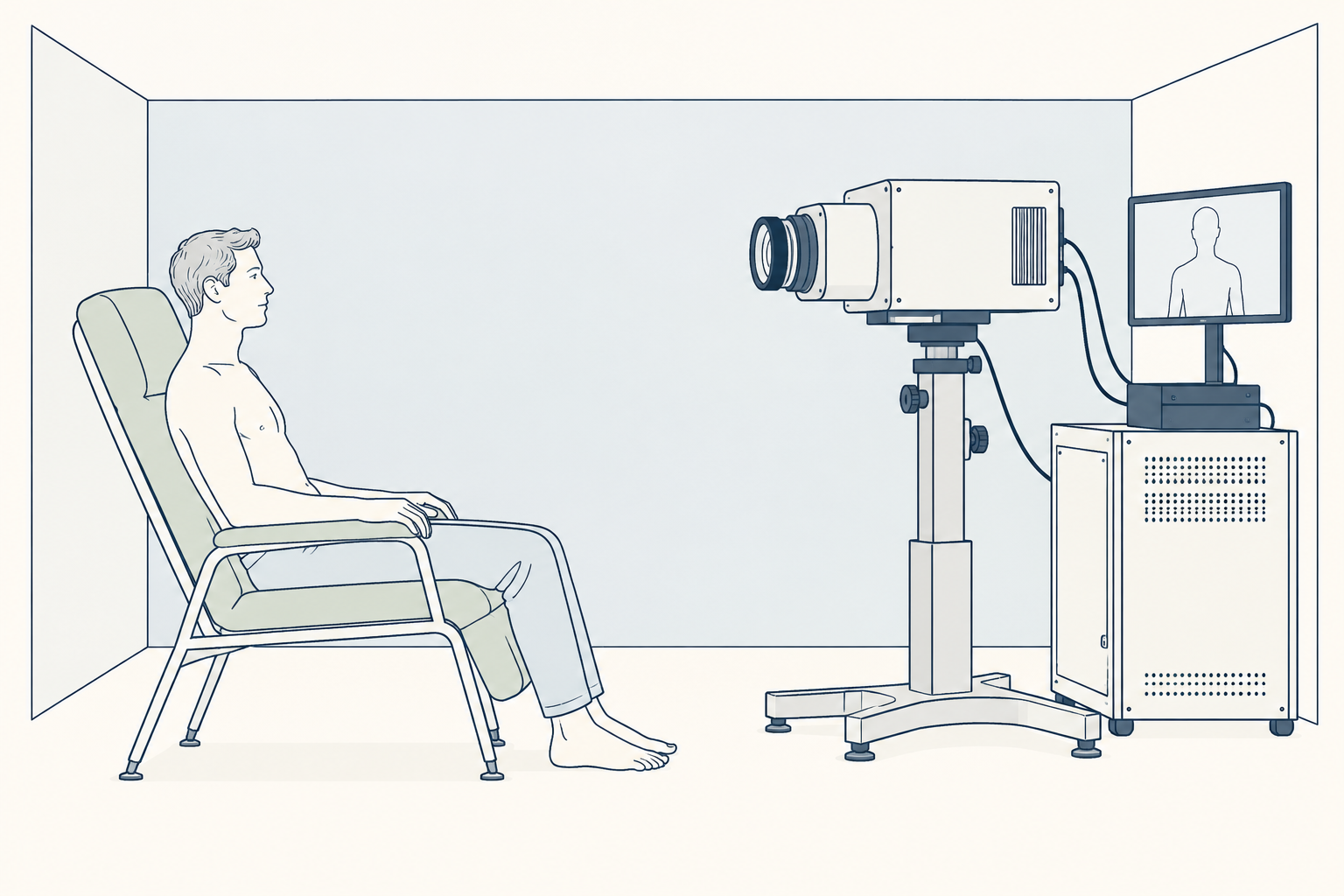 Conceptual illustration of a seated adult facing a sensitive camera in a dark room. It does not show measured photon intensity.