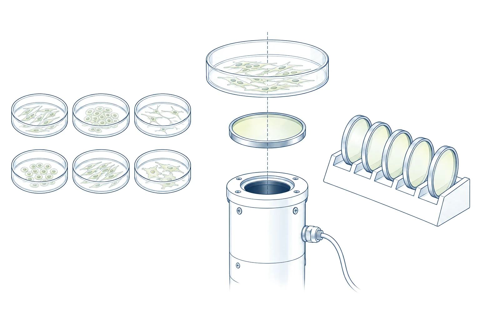 Engraved illustration of the 2018 cell study: several dishes of cells, a set of wavelength filters and a photon counter beneath a dish.