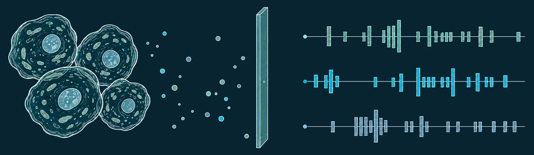 Line drawing on navy: faint light given off by the mitochondria inside a cluster of cells drifts to a detector panel, and the counts it records come out as three lanes of bars, one for each color.