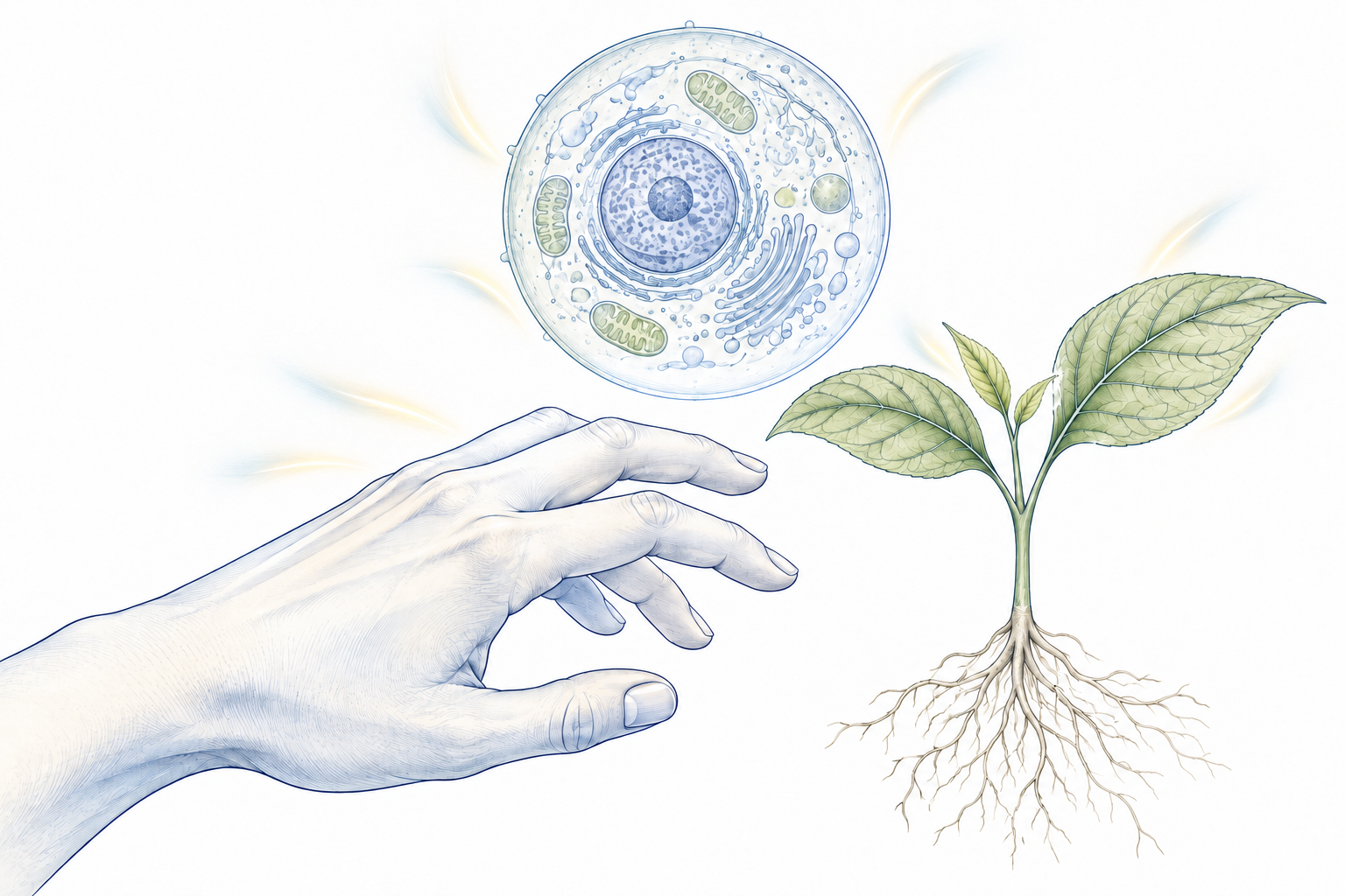 Editorial line drawing of a human hand, a plant and a cell, with soft light accents beside each illustrating ultraweak photon emission.