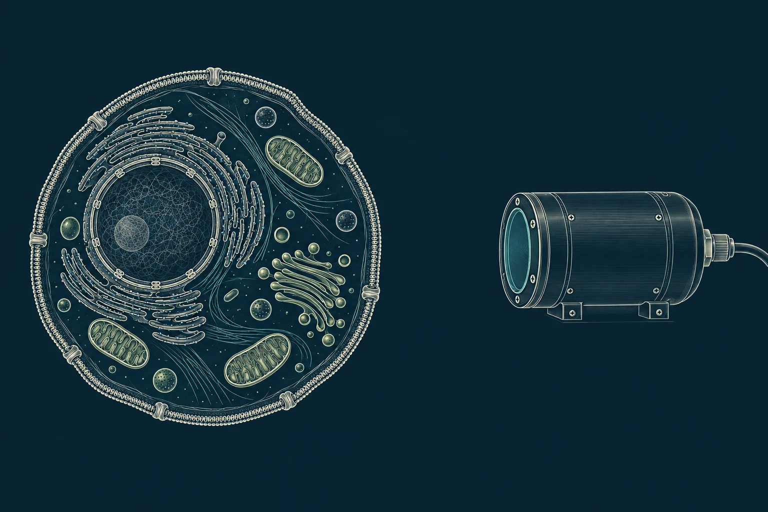 Scientific illustration of a cell and a light detector. Faint light leaves the cell in several directions; some reaches the detector's window and produces an electrical signal.