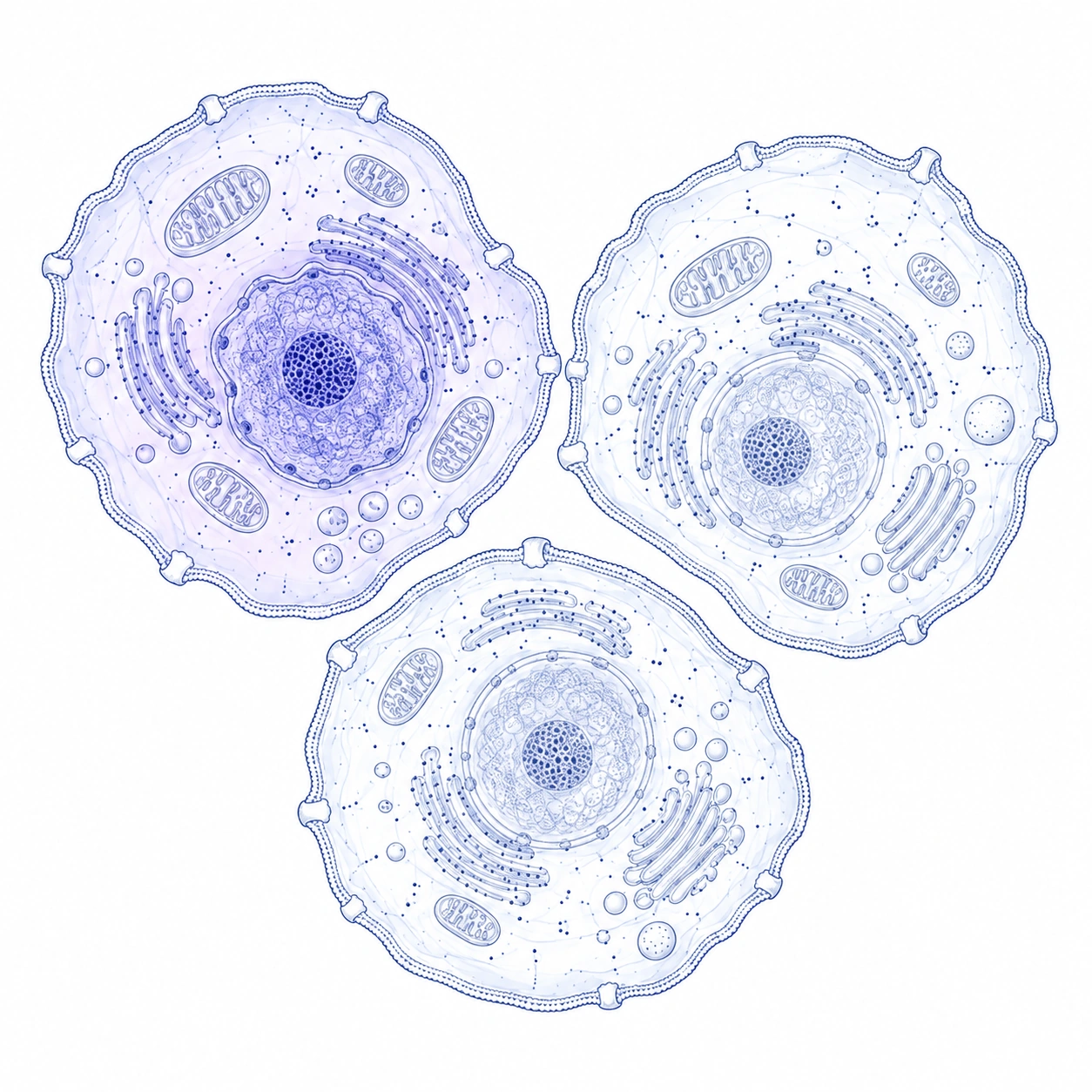 The same cells; one nuclear/lineage cue begins to appear.